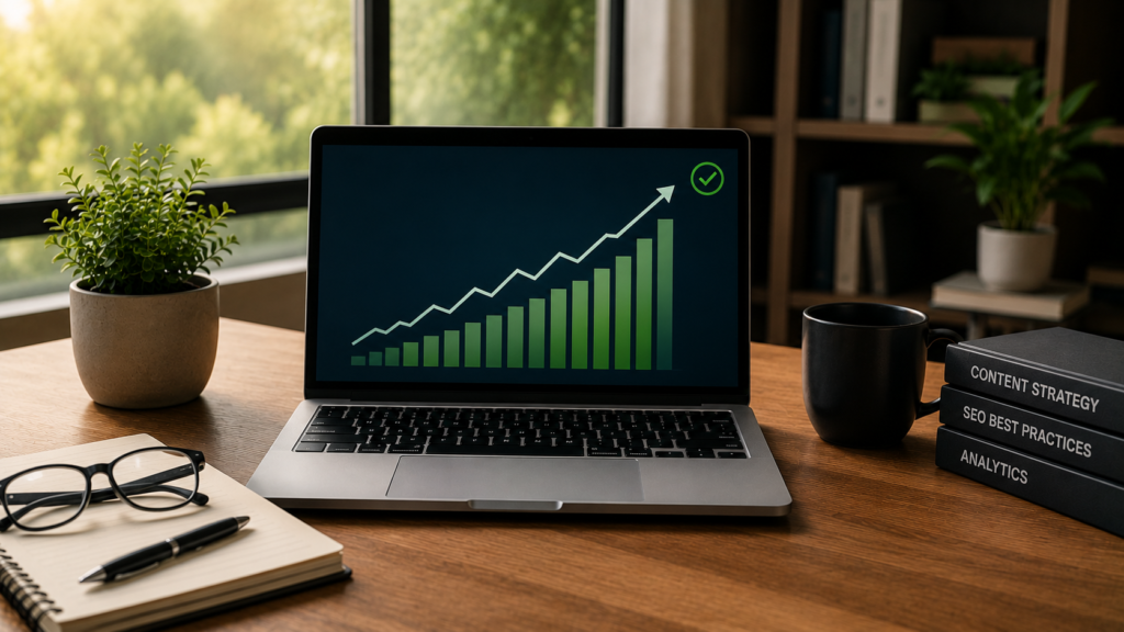 Laptop displaying a steadily rising traffic growth chart in a professional workspace, symbolizing long-term SEO success, sustainable organic traffic growth, and consistent content-driven website performance.