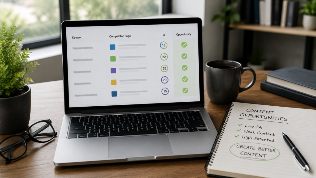 Realistic SEO workspace with competitor page analysis and page authority metrics, identifying low page authority content opportunities for better keyword rankings.