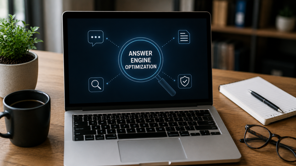 Laptop displaying an Answer Engine Optimization workflow with search, content, and AI response elements, illustrating how content is optimized for AI-powered search results.