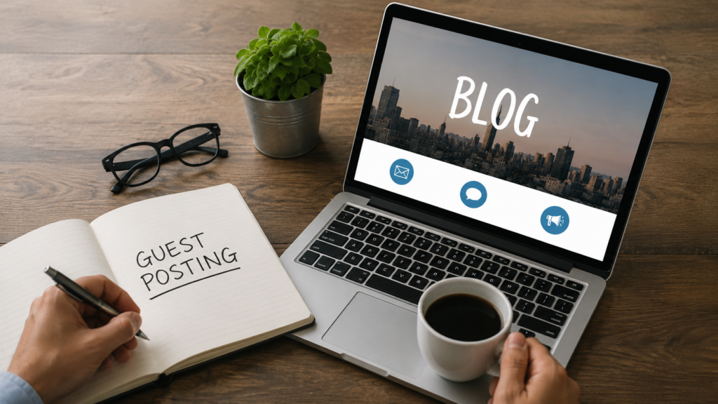 Realistic workspace with a laptop displaying a blog page and a notebook labeled “Guest Posting,” representing free guest posting sites for SEO and backlink building.