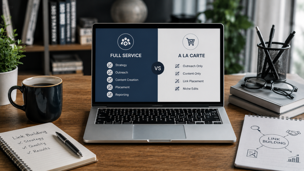 Realistic office workspace with a laptop displaying a comparison between full-service and à la carte link building options, alongside SEO planning notes and business strategy materials.