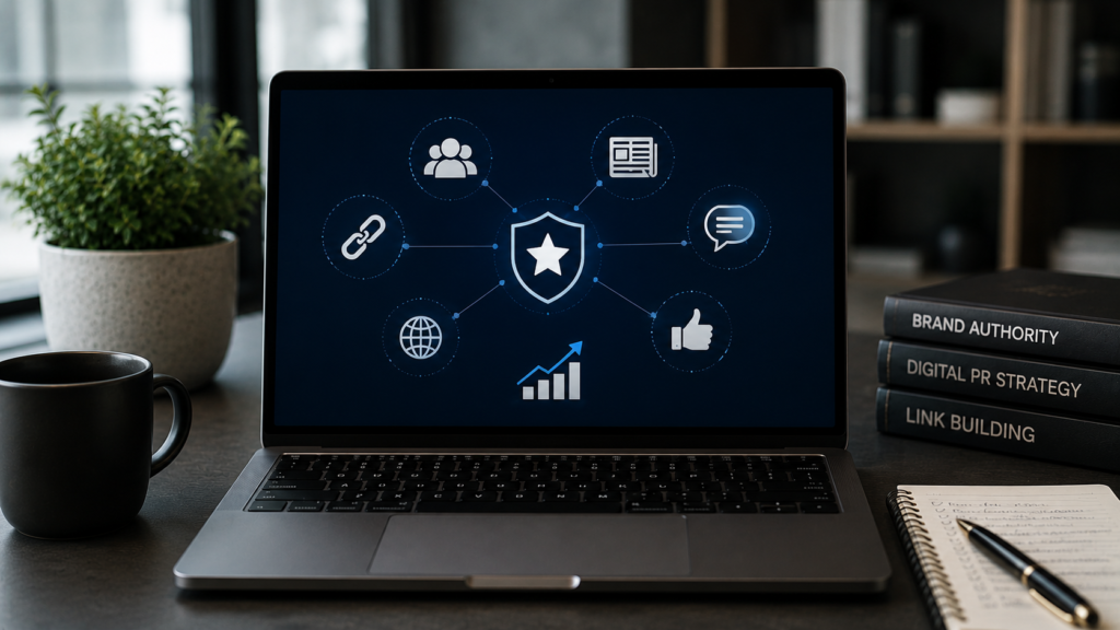 Realistic professional workspace showing a GEO authority strategy dashboard with trust signals, entity relationships, digital PR, quality backlinks, brand mentions, and content authority illustrating how a genuine GEO agency builds authority beyond on-page schema.