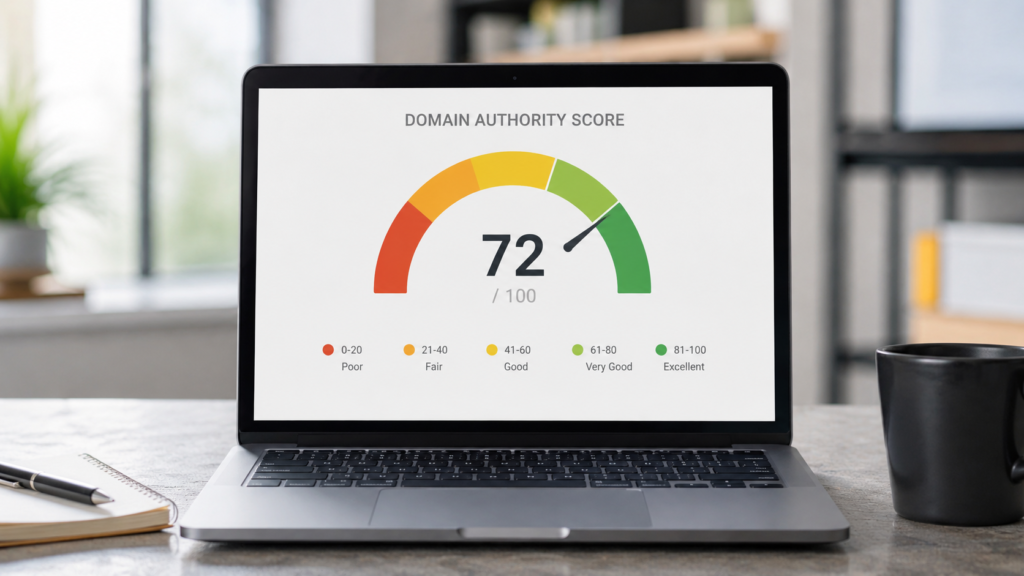 Realistic laptop displaying a domain authority score dashboard with a high website authority rating, illustrating what a good Domain Authority score looks like for SEO performance.