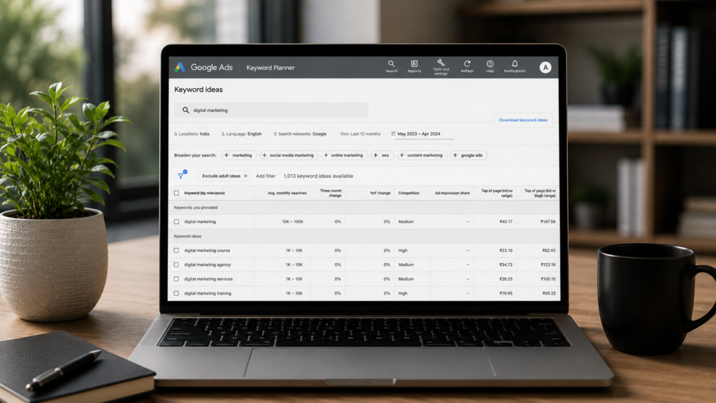 Realistic digital marketing workspace featuring Google Keyword Planner on a laptop screen with keyword research metrics, search volume insights, and planning tools in a modern office environment.