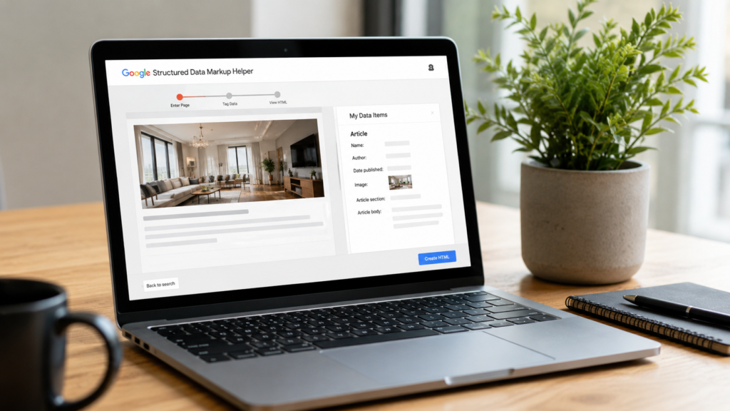 Realistic workspace showing a laptop using Google Structured Data Markup Helper to create structured data for improved SEO and rich search results.