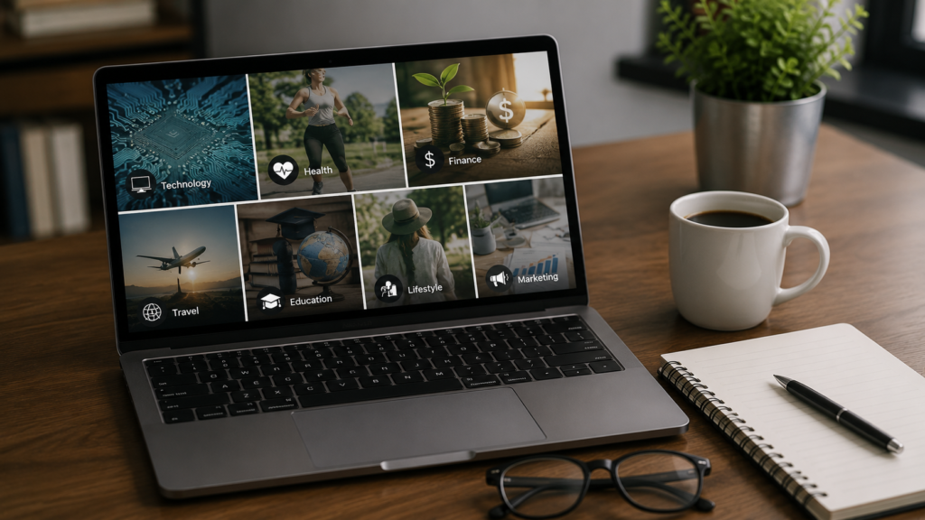 Realistic modern workspace with a laptop displaying multiple niche categories such as technology, health, finance, travel, education, lifestyle, and marketing, representing guest posting opportunities by niche.