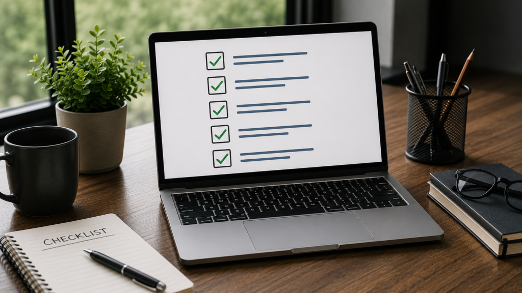 Realistic modern workspace with a laptop displaying a guest posting checklist, representing content review, outreach preparation, SEO optimization, and publisher pitch readiness.