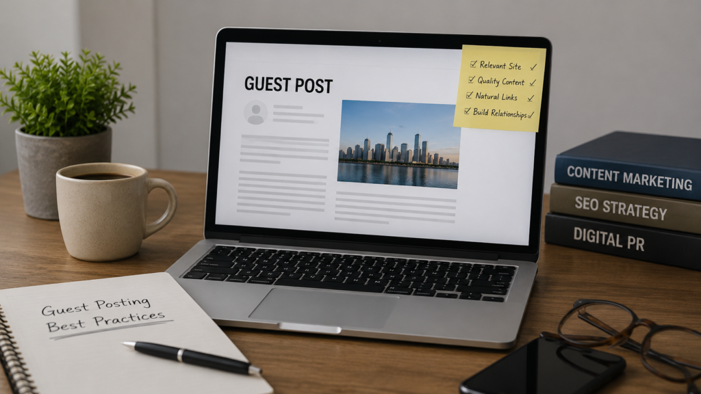 Realistic content marketing workspace featuring a laptop with a guest post draft and a best practices checklist, illustrating effective guest posting strategies for high-quality SEO link building.
