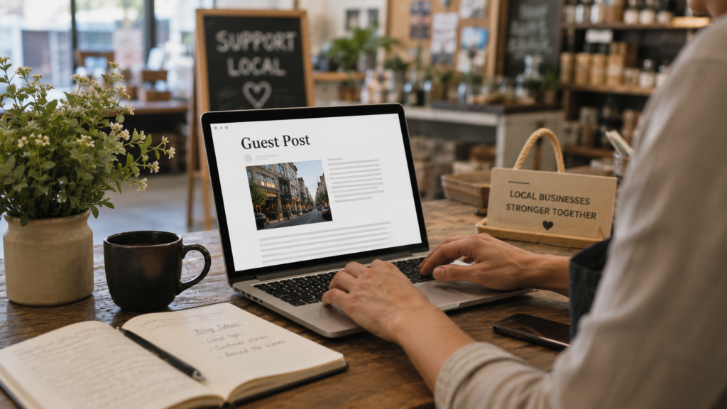 Realistic small business workspace with a laptop displaying a guest post draft, highlighting guest posting strategies for local and niche businesses to improve SEO visibility and community outreach.