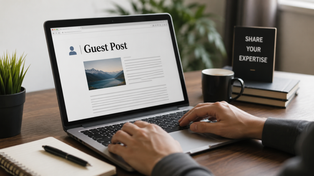Professional workspace showing a writer creating a guest post on a laptop, representing content collaboration, blogger outreach, and SEO link-building in a realistic office setting.