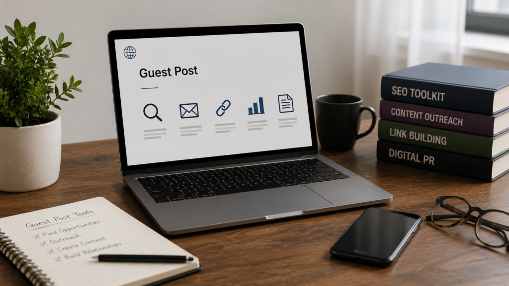 Realistic digital marketing workspace with a laptop, SEO books, notebook, and outreach resources, representing essential guest posting tools for content creation, link building, and blogger outreach.