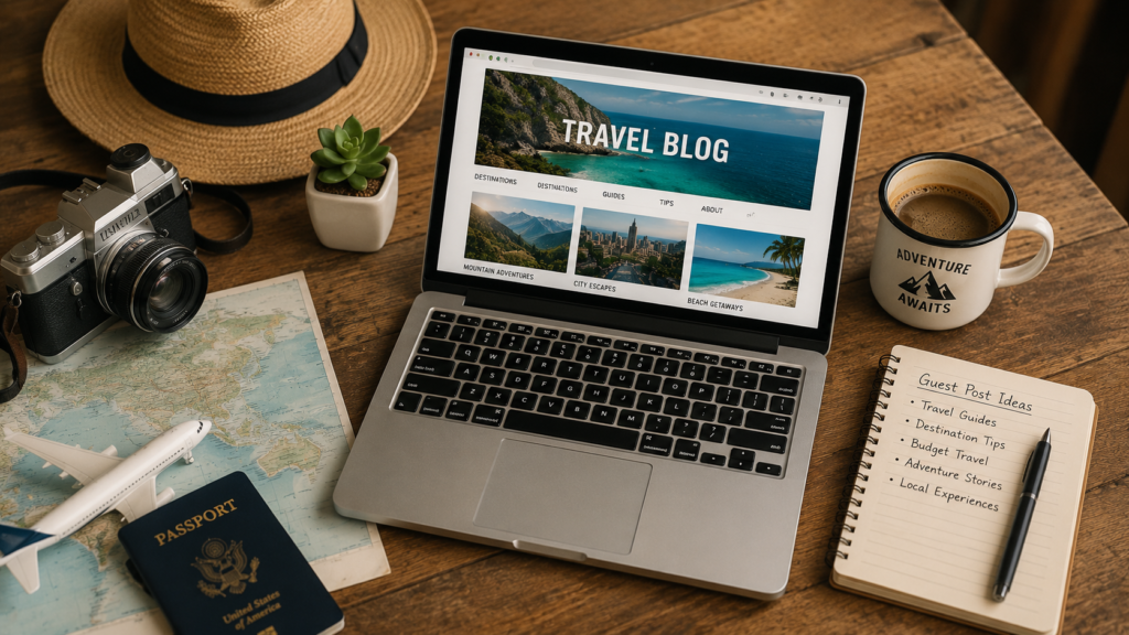 Realistic travel planning workspace with a laptop displaying a travel blog, map, camera, passport, and notebook, representing guest posting opportunities for travel websites and tourism blogs.