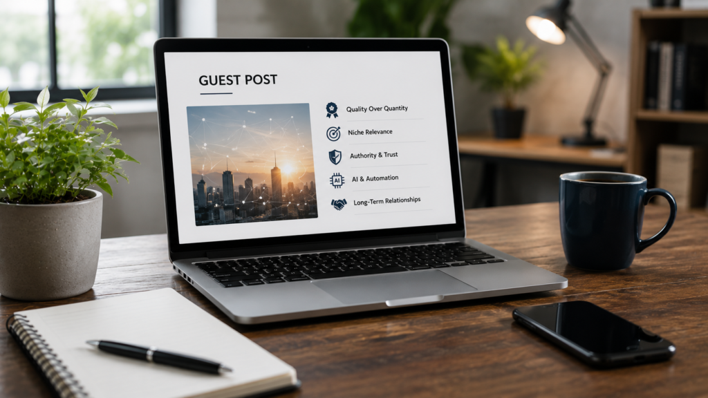 Photorealistic workspace featuring a laptop displaying emerging guest posting trends with SEO analytics, symbolizing future-focused content marketing, authority building, and backlink strategy.