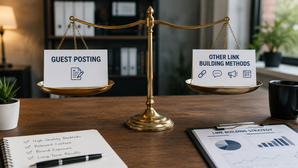 Photorealistic office workspace with a balance scale comparing guest posting and other link-building methods, illustrating different SEO backlink strategies in a professional business environment.