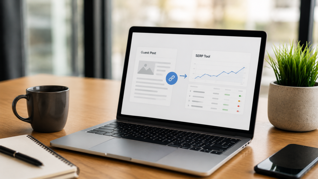 Realistic laptop displaying a guest post workflow connected to a SERP analysis dashboard, illustrating how guest posting supports SEO performance and search rankings.