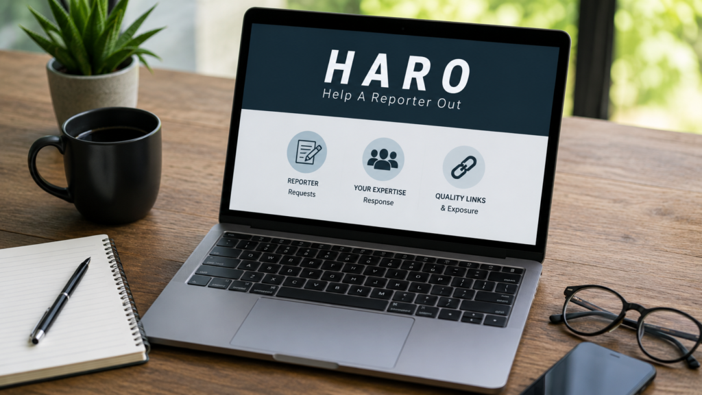 Realistic workspace showing a laptop displaying the HARO process with reporter requests, expert responses, and quality backlinks for SEO link building.