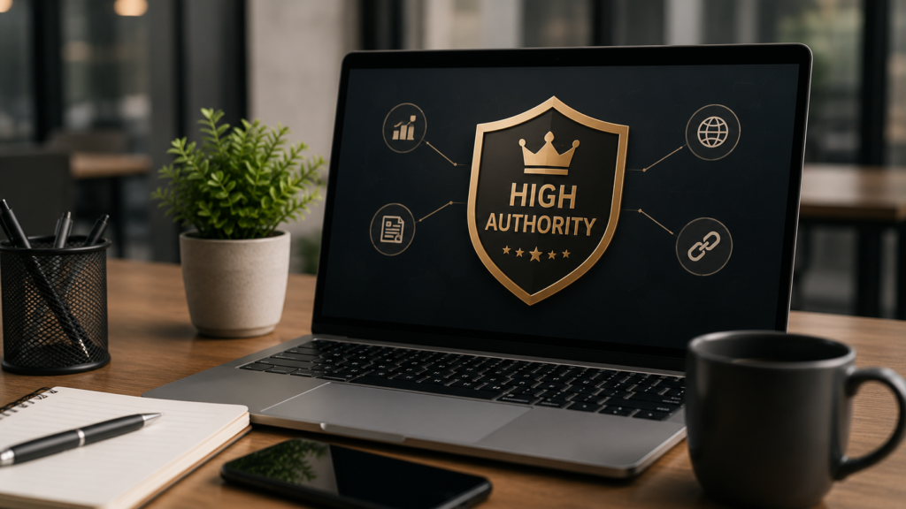 Realistic professional workspace with a laptop displaying a high authority badge, symbolizing top guest posting sites for premium backlinks, SEO authority, and digital marketing success.