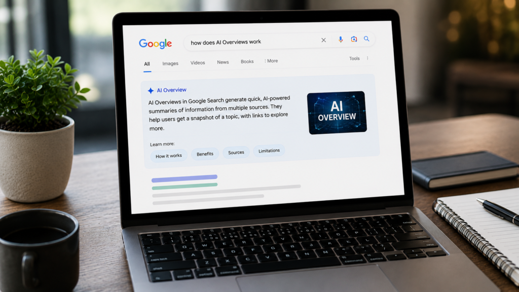 Laptop displaying a Google Search AI Overview explaining how AI-generated summaries combine information from multiple sources to answer search queries.