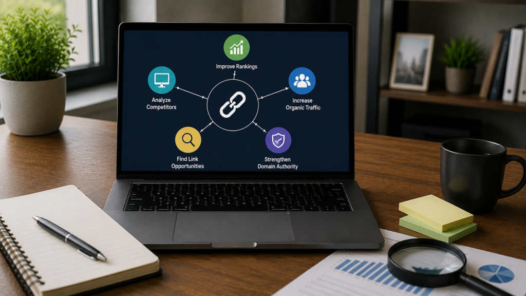 Realistic SEO workspace with a laptop illustrating how backlink analysis supports broader SEO through improved rankings, stronger domain authority, competitor research, link opportunities, and organic traffic growth.