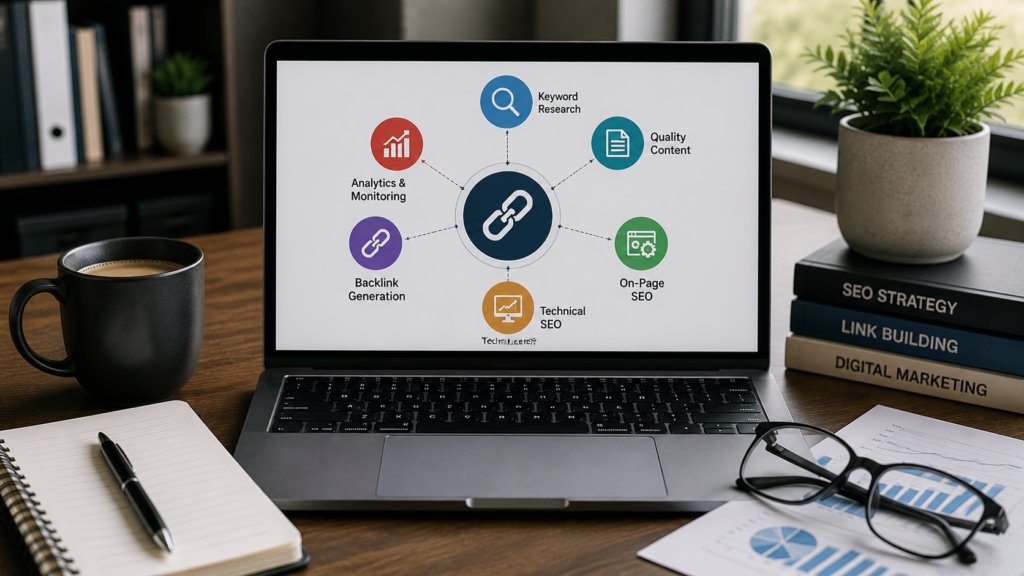 Realistic SEO workspace with a laptop displaying a backlink generation workflow connected to keyword research, content creation, technical SEO, on-page optimization, analytics, and overall search engine optimization strategy.