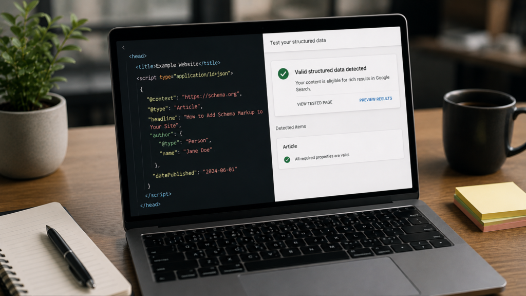 Realistic laptop displaying JSON-LD schema markup code beside a structured data validation tool with a successful validation check, demonstrating the process of adding schema markup to a website for better SEO.