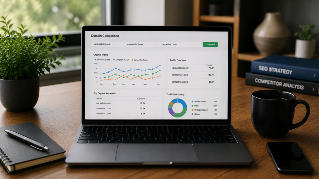 Laptop displaying a domain comparison dashboard with competitor traffic trends, keyword rankings, and market share metrics, illustrating how to analyze and compare a competitor’s organic search traffic performance.