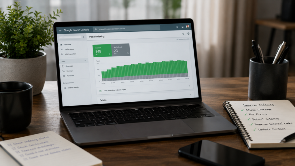 Realistic SEO workspace showing Google Search Console indexing reports, URL inspection, sitemap submission, and indexing improvements to increase website visibility in search results.