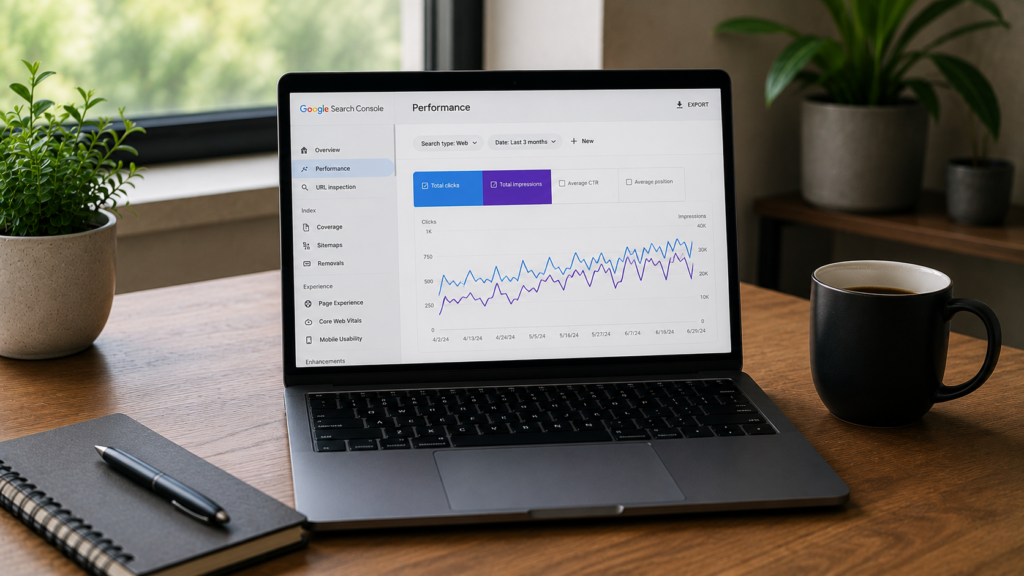 Laptop displaying a Google Search Console performance dashboard with clicks, impressions, and search traffic trends, illustrating how to monitor and analyze organic traffic using Google Search Console.
