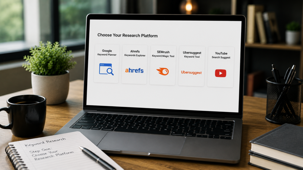 Realistic digital marketing workspace with a laptop displaying keyword research platforms, illustrating the first step of checking keyword search volume by selecting the right SEO or YouTube keyword research tool.