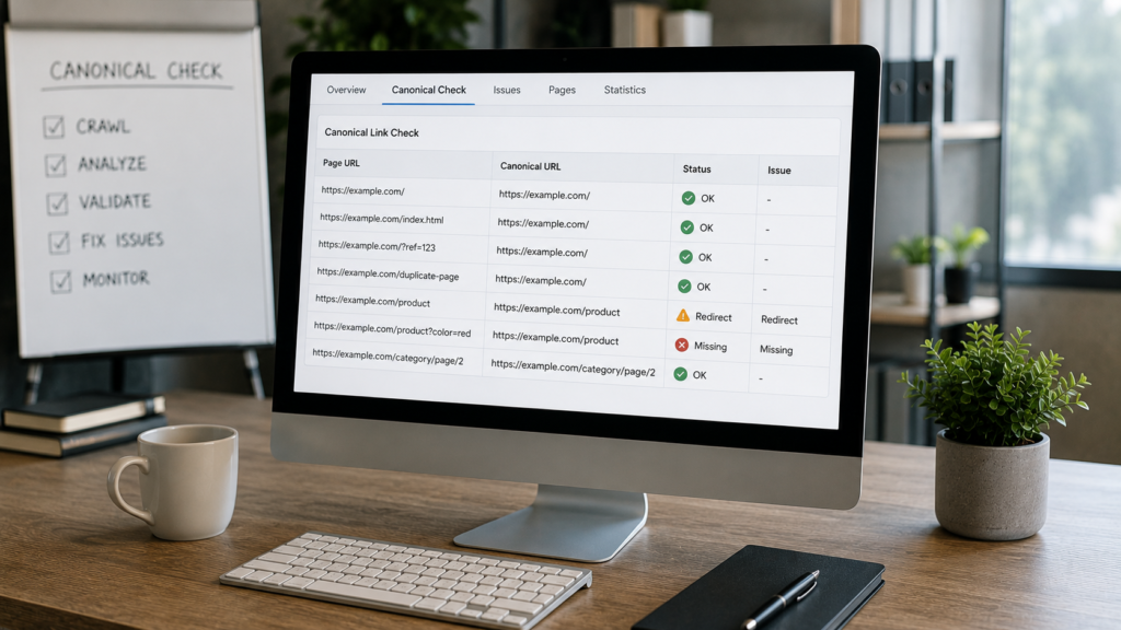 Realistic SEO audit workspace displaying a canonical link check dashboard with URL validation, canonical tag verification, duplicate content detection, indexing status, and technical SEO diagnostics for website optimization.