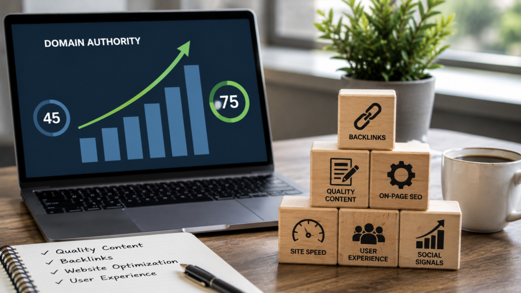 Realistic SEO workspace with a laptop showing Domain Authority growth, alongside quality content, backlinks, on-page SEO, site speed, and user experience elements that help improve Domain Authority.
