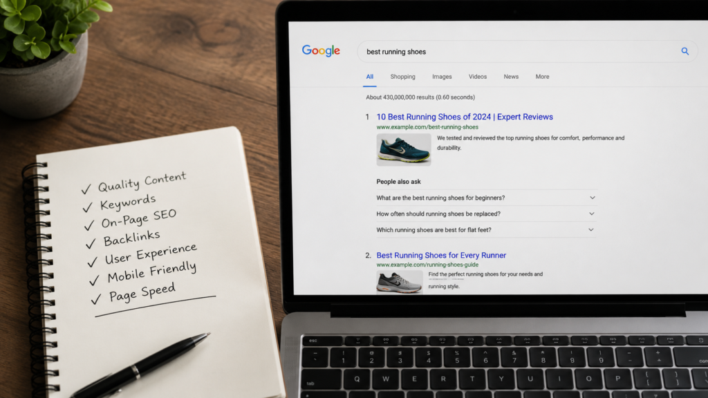 Realistic workspace with a laptop displaying search results and an SEO optimization checklist, illustrating key strategies to improve SERP ranking through quality content, keywords, technical SEO, and user experience.