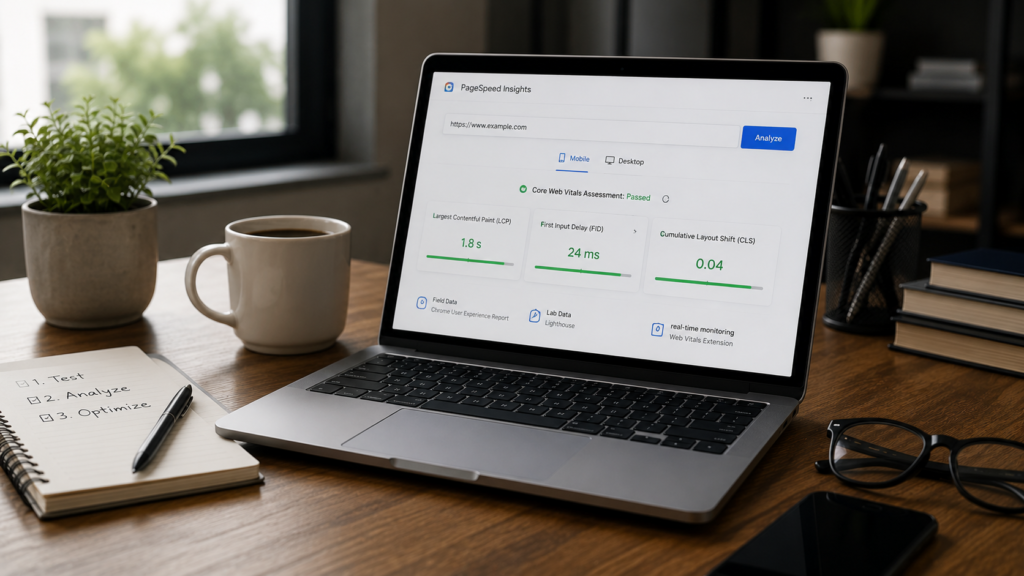 Realistic office desk with a laptop displaying a Core Web Vitals measurement dashboard, performance scores, and PageSpeed metrics, representing website speed testing and technical SEO analysis.