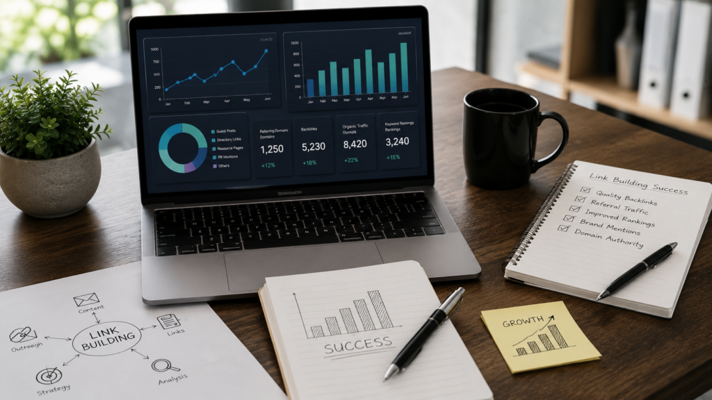 Realistic office workspace with a laptop displaying backlink analytics, ranking charts, and SEO performance metrics illustrating how to measure link building success.