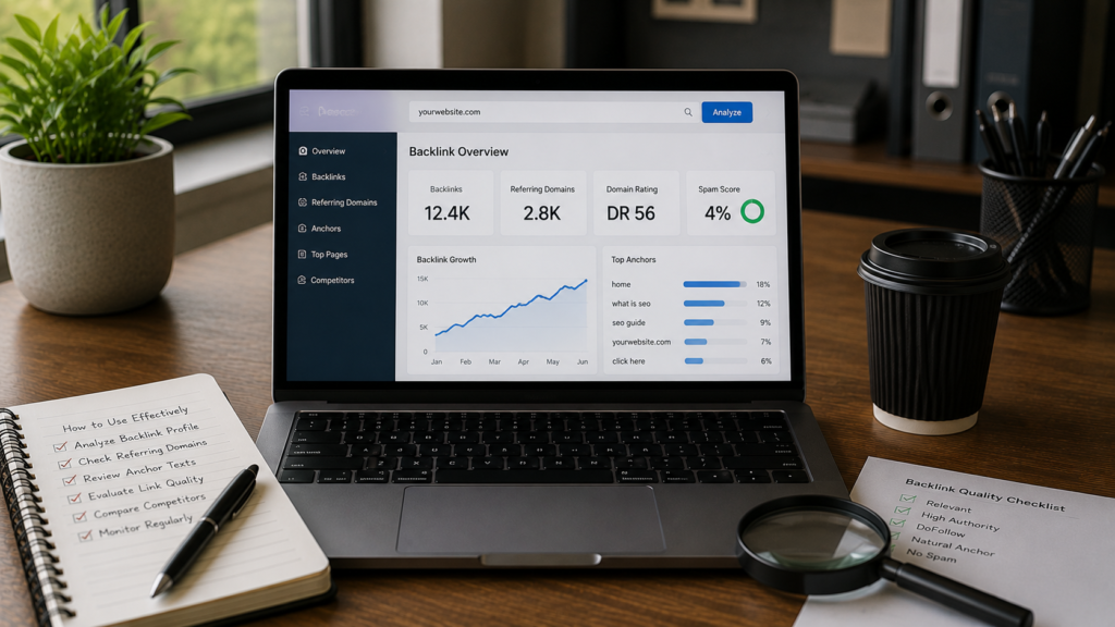 Realistic SEO workspace with a laptop displaying a backlink checker dashboard, backlink metrics, referring domains, anchor text analysis, and a quality checklist illustrating the effective use of a backlink checker tool.