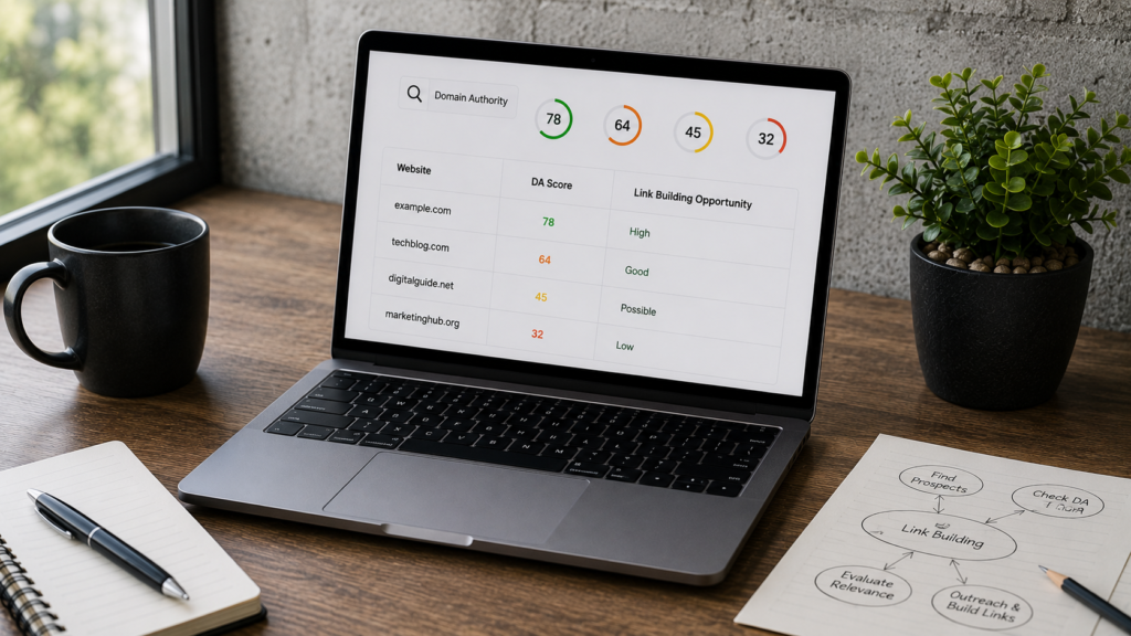 Laptop displaying domain authority scores and website metrics alongside a link-building strategy diagram, illustrating how marketers use a domain authority checker to identify quality link-building opportunities.