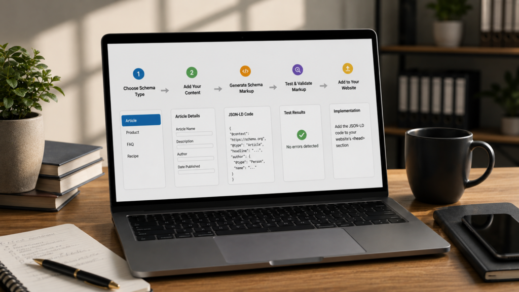 Realistic workspace showing a step-by-step schema markup workflow from selecting schema type to validation and website implementation for improved SEO.