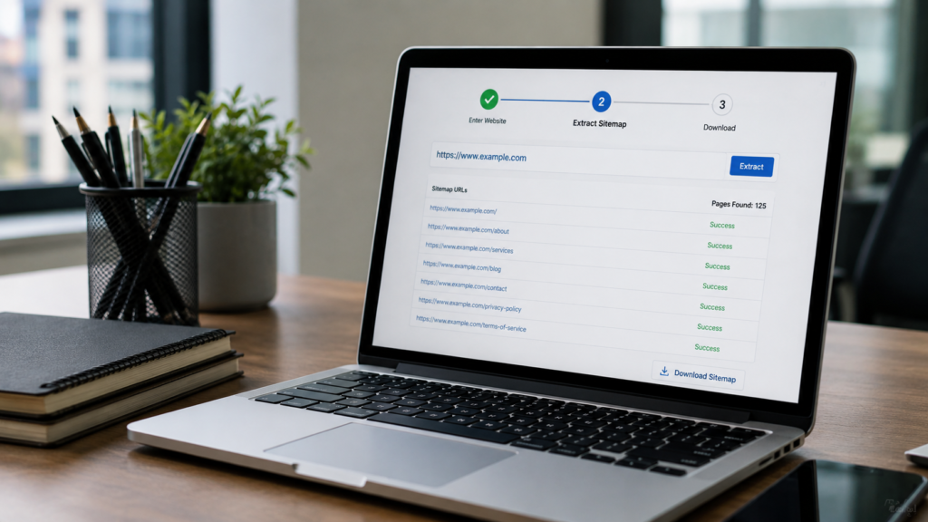 Realistic workspace displaying a sitemap extractor tool extracting XML sitemap URLs to help analyze website structure and improve SEO.