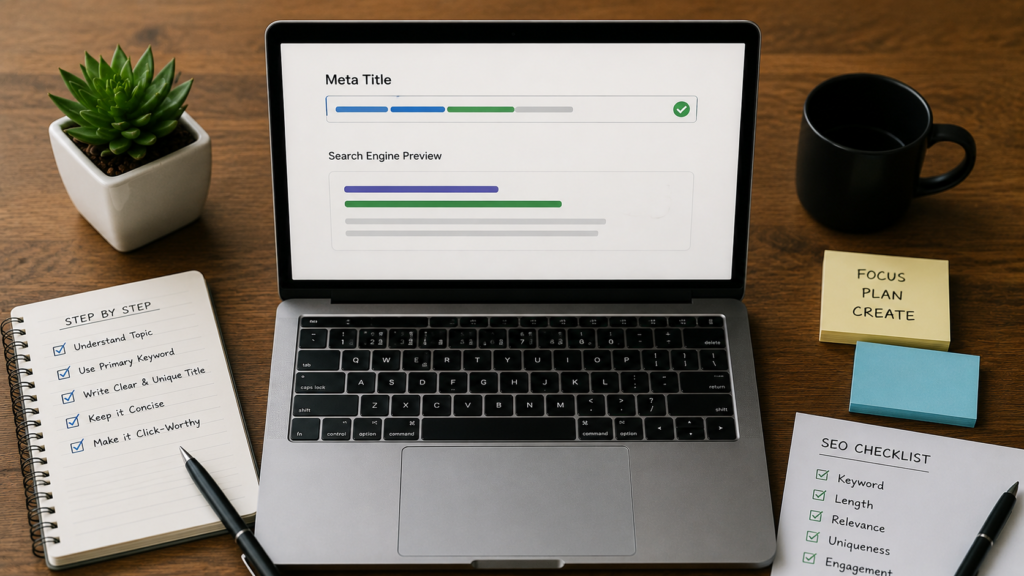 Realistic SEO workspace with a laptop showing meta title creation, a step-by-step checklist, keyword planning notes, and search result preview for writing optimized page titles.