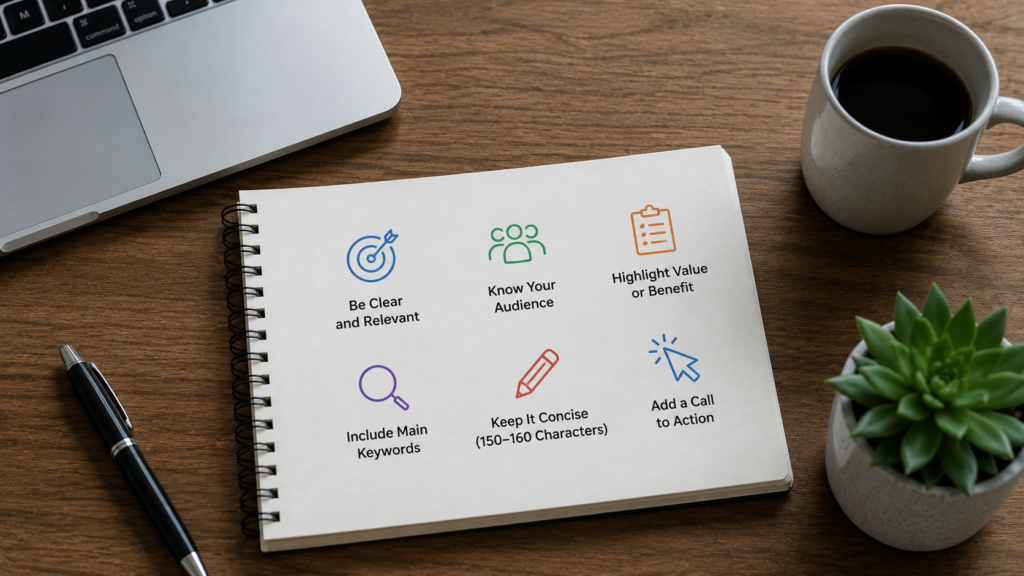 Laptop displaying a search result preview and meta description writing checklist, illustrating best practices for creating effective SEO meta descriptions.