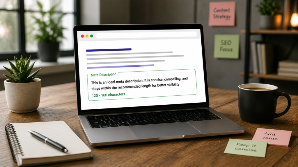 Realistic SEO workspace with a laptop displaying an optimized meta description length guide, representing concise search snippets that improve click-through rates and search visibility.