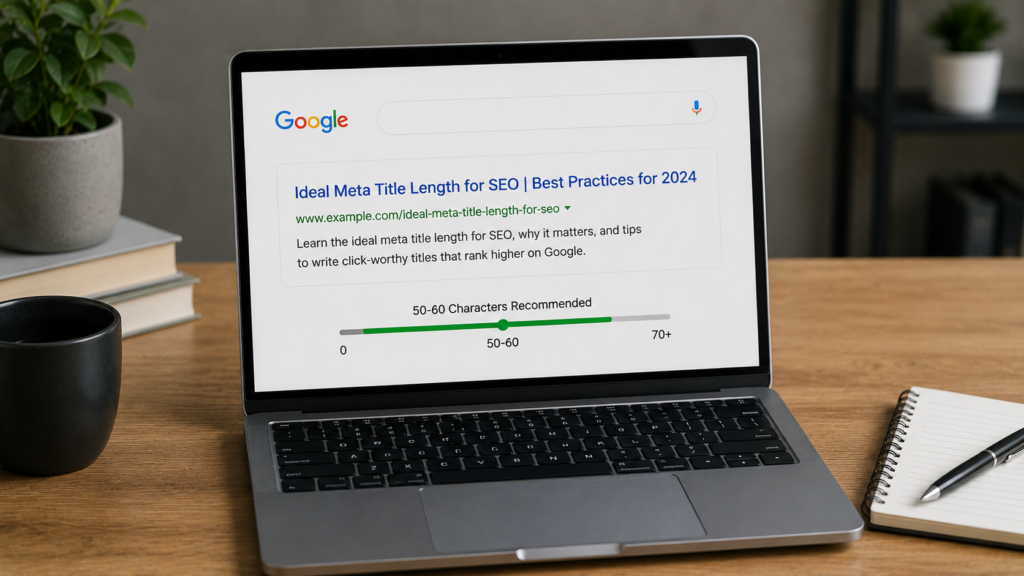 Laptop displaying a search result with an optimized meta title length indicator, illustrating SEO best practices for writing effective page titles.