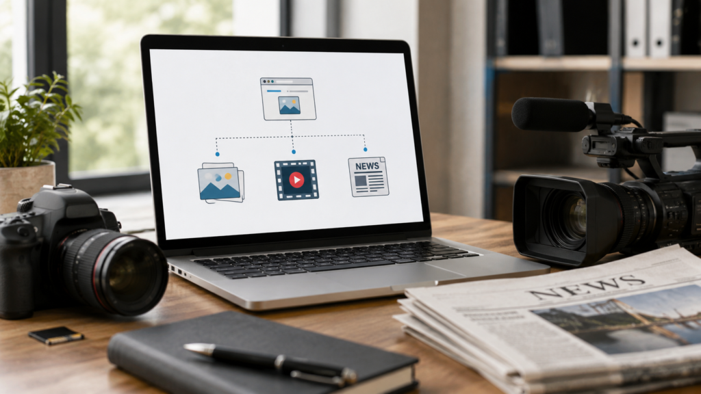 Realistic workspace showing a laptop displaying image, video, and news sitemap structure alongside a camera, video camera, and newspapers for SEO media indexing.