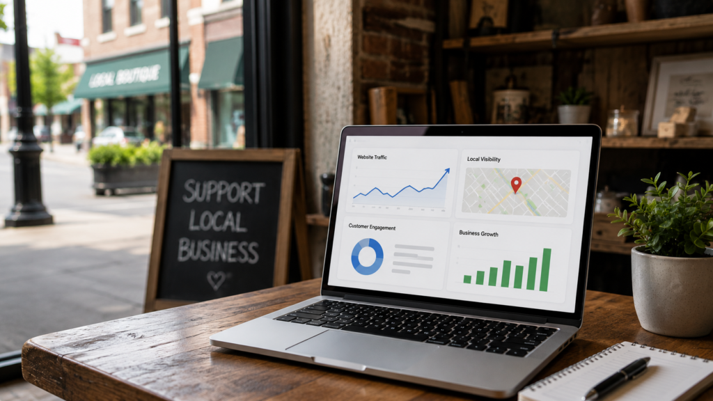 Laptop displaying local business SEO analytics and search visibility metrics inside a small business workspace, illustrating the impact of AI search and SEO on local and niche businesses.