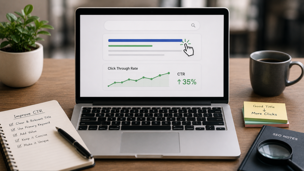 Laptop displaying an SEO dashboard with improving click-through rate (CTR) analytics, search result optimization, and notes on creating better page titles for higher search clicks.