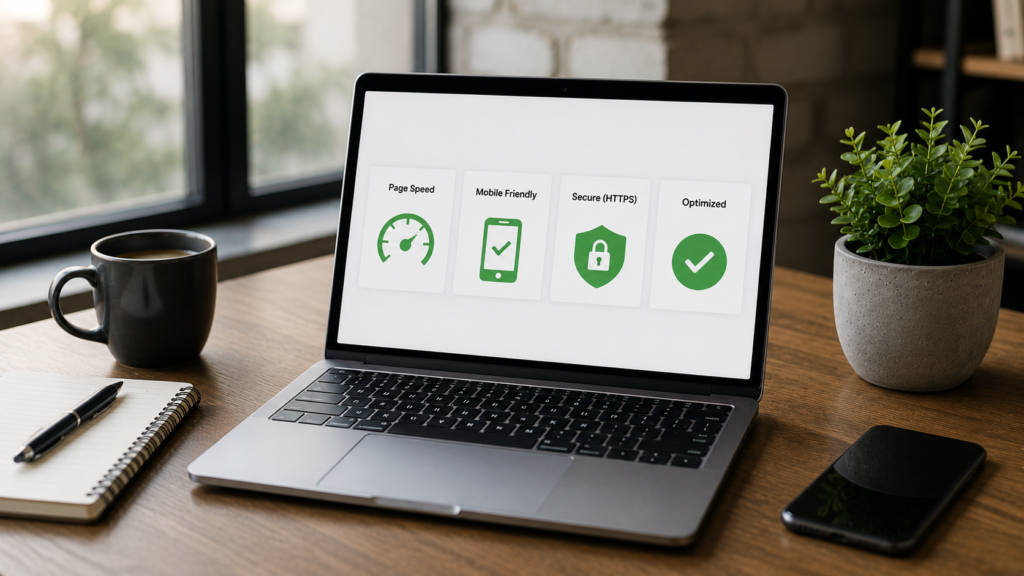 Realistic laptop displaying a technical SEO performance dashboard with page speed, mobile optimization, HTTPS security, and website optimization metrics in a modern workspace.