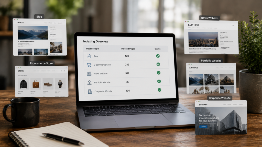Realistic SEO workspace illustrating indexing strategies for blog, ecommerce, news, portfolio, and business websites with search engine indexing insights and website optimization.