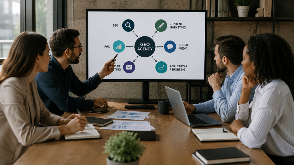 Realistic marketing strategy meeting showing a GEO agency integrating AI search optimization with SEO, content marketing, PPC, social media, analytics, and email marketing to create a unified digital marketing strategy.