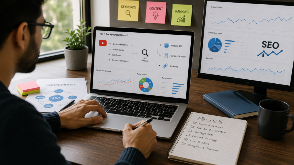 Realistic digital marketing workspace showing YouTube keyword research, SEO analytics dashboards, content strategy planning, and performance metrics illustrating how YouTube keyword research integrates with a broader SEO strategy.