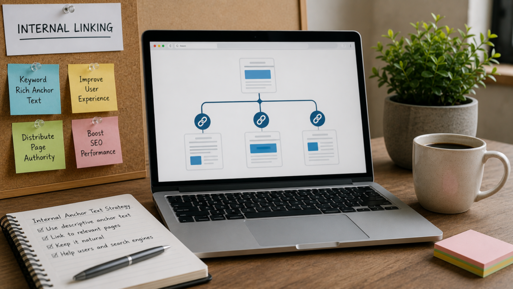 Realistic SEO workspace with a laptop displaying an internal linking structure, accompanied by planning notes and strategy reminders, illustrating why a strong internal anchor text strategy improves website navigation and SEO.